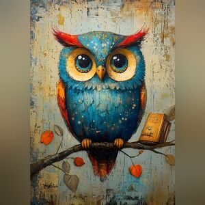 Charming Owl - Blue and Red Art Print